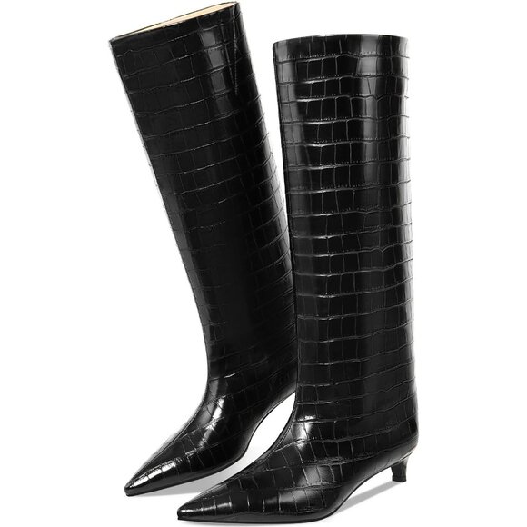 ⚡Women's Black Crocodile Knee High Boots 1.5-in Stiletto Low Heel Pointed Toe - Picture 7 of 8